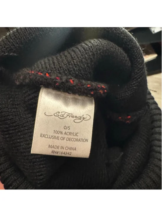 Ed Hardy Beanie One Size Black Red Drip Logo Pom Pom Hat - Picture 5 of 5